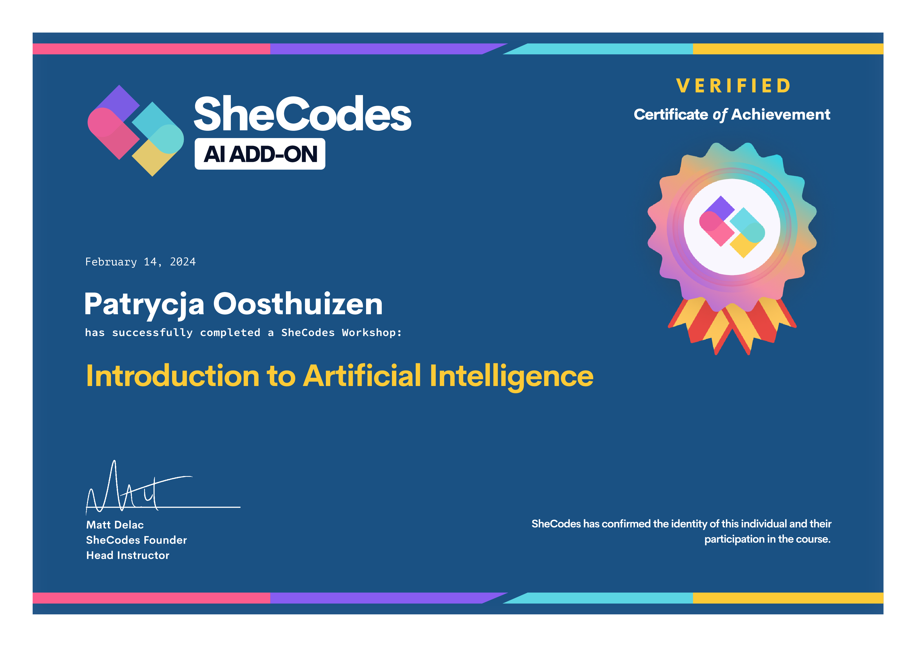 Patrycja's introduction to AI certificate